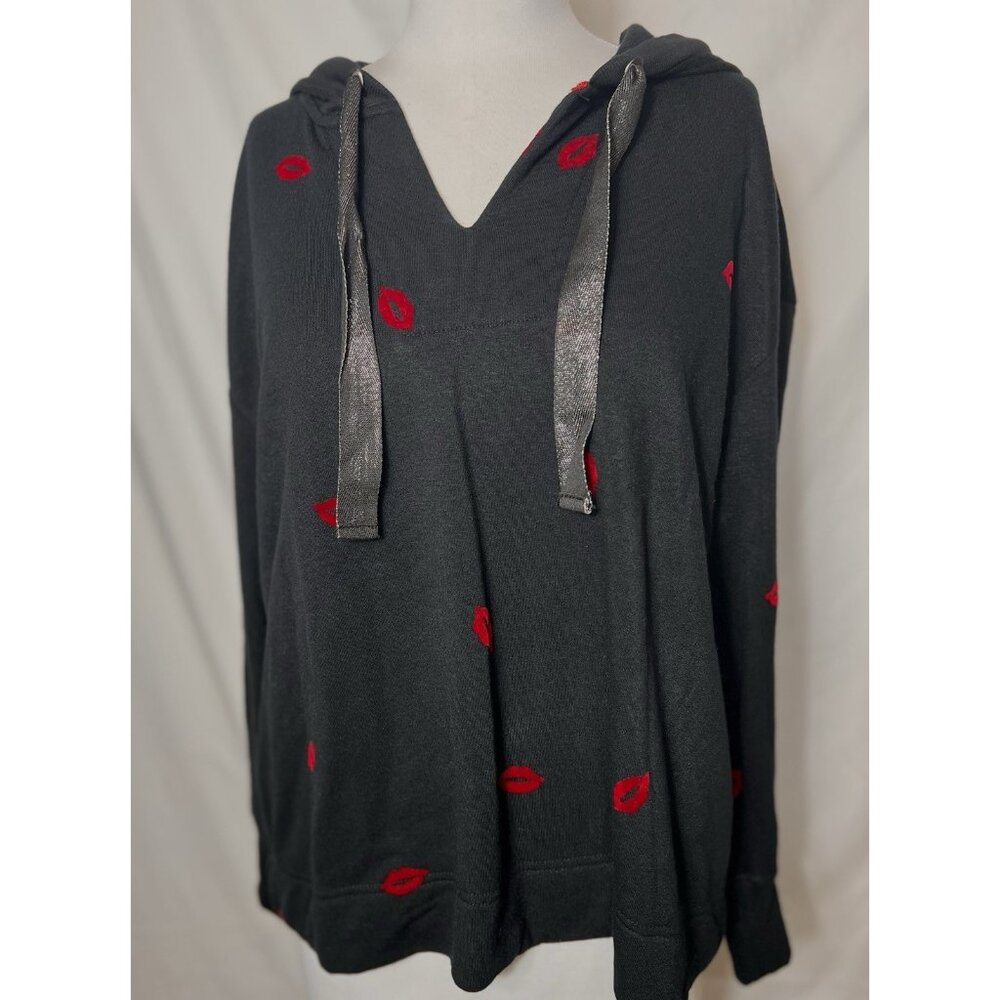 Jane + Delancey Black Hoodie w/ drawstring‎ Red Lip Print Women’s Size Large NWT